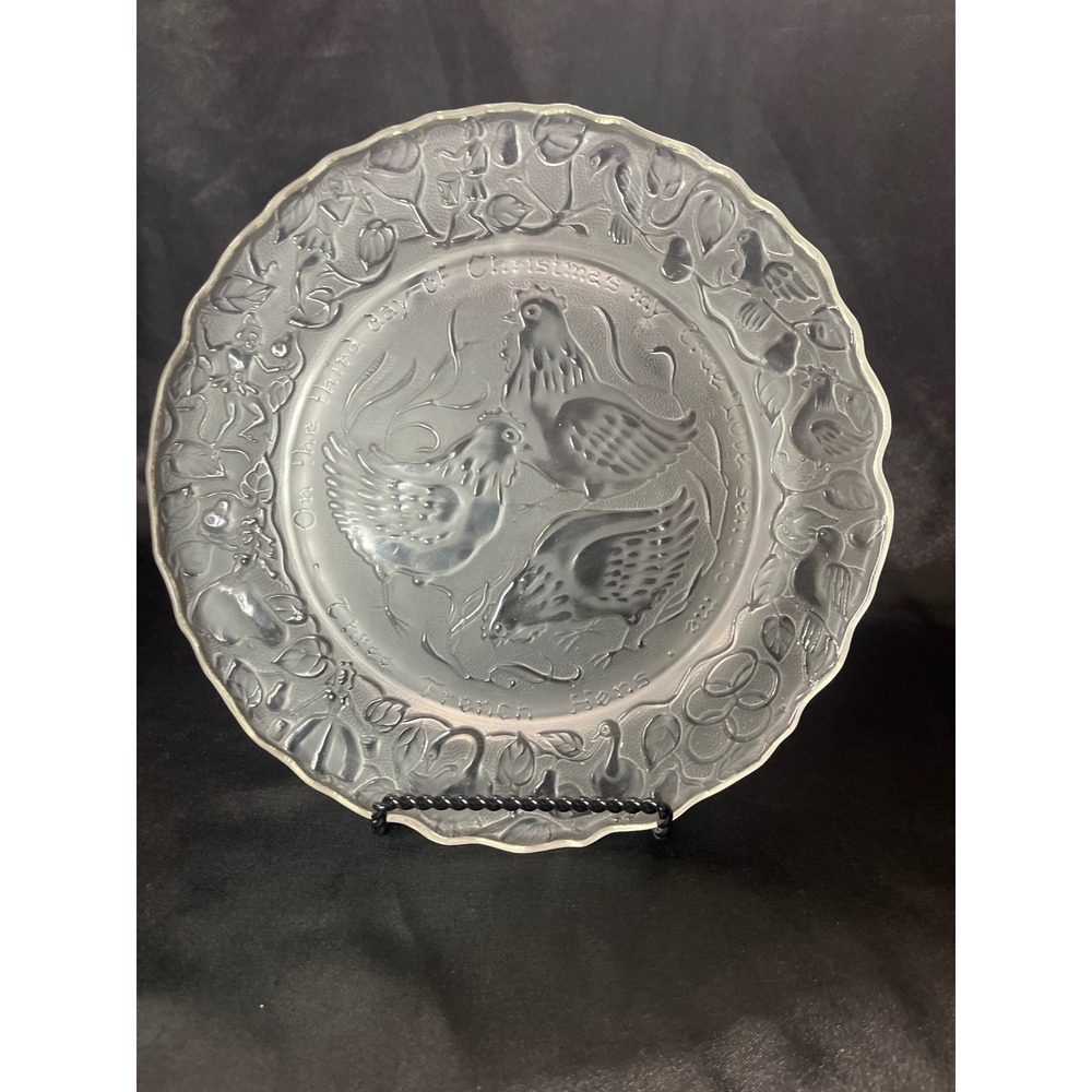 Vintage 1972 12 Days of Christmas Three French Hens Frosted Glass Plate 8 inch